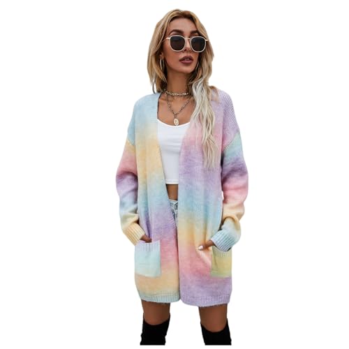 HEYPORK Damen Herbst Winter Warm Bequem Jacke Casual Mode übergangsjacke Mantel Frauen Pullover Regenbogen Mittlere Länge Strickjacke Tasche Gestrickt Jacke von HEYPORK