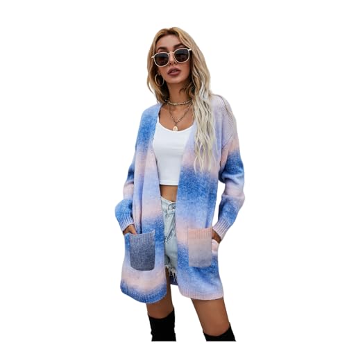 HEYPORK Damen Herbst Winter Warm Bequem Jacke Casual Mode übergangsjacke Mantel Frauen Pullover Regenbogen Mittlere Länge Strickjacke Tasche Gestrickt Jacke von HEYPORK