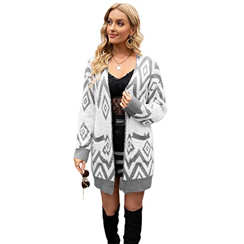 HEYPORK Damen Herbst Winter Warm Bequem Jacke Casual Mode übergangsjacke Mantel Frauen Pullover Vintage Strickjacke Diamant Halblange Strickjacke Jacke(B Grau, M) von HEYPORK