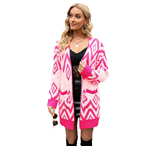 HEYPORK Damen Herbst Winter Warm Bequem Jacke Casual Mode übergangsjacke Mantel Frauen Pullover Vintage Strickjacke Diamant Halblange Strickjacke Jacke(Rot, M) von HEYPORK