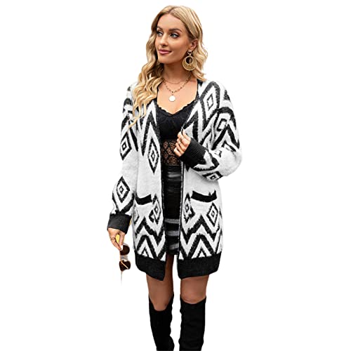 HEYPORK Damen Herbst Winter Warm Bequem Jacke Casual Mode übergangsjacke Mantel Frauen Pullover Vintage Strickjacke Diamant Halblange Strickjacke Jacke(Schwarz, M) von HEYPORK