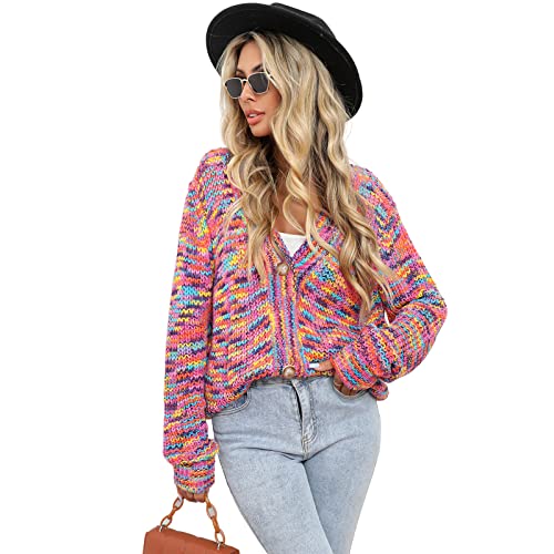 HEYPORK Damen Herbst Winter Warm Bequem Jacke Casual Mode übergangsjacke Mantel Frauen Regenbogen Inter-farbigen Kurze Strickjacke Gestrickt Button Down Jacke(Rot, L) von HEYPORK
