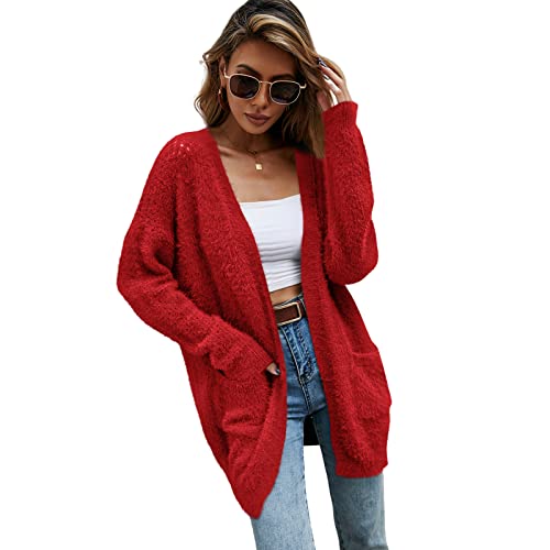HEYPORK Damen Herbst Winter Warm Bequem Jacke Casual Mode übergangsjacke Mantel Frauen Strickjacke Halblange Jacke(Rot, M) von HEYPORK