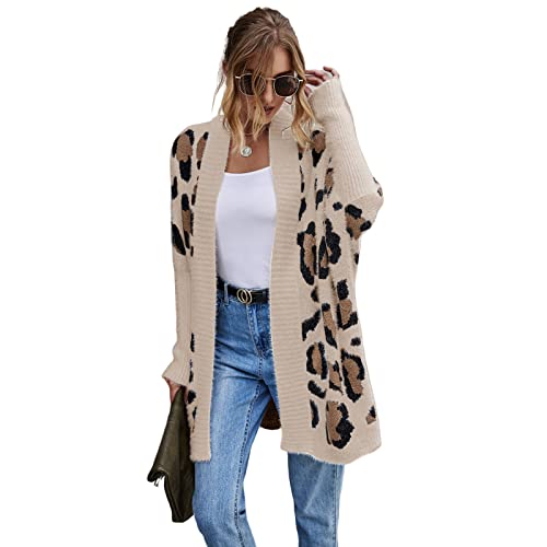 HEYPORK Damen Herbst Winter Warm Bequem Jacke Casual Mode übergangsjacke Mantel Frauen Strickjacke Jacke Persönlichkeit Mode Leopardenmuster Gestrickt Pullover(Khaki, XL) von HEYPORK
