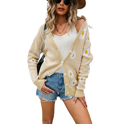 HEYPORK Damen Herbst Winter Warm Bequem Jacke Casual Mode übergangsjacke Mantel Frauen Strickjacke Pullover Strickjacke Bedruckt Gänseblümchen Pullover(Aprikose, S) von HEYPORK