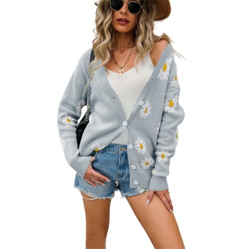 HEYPORK Damen Herbst Winter Warm Bequem Jacke Casual Mode übergangsjacke Mantel Frauen Strickjacke Pullover Strickjacke Bedruckt Gänseblümchen Pullover(Grau, M) von HEYPORK
