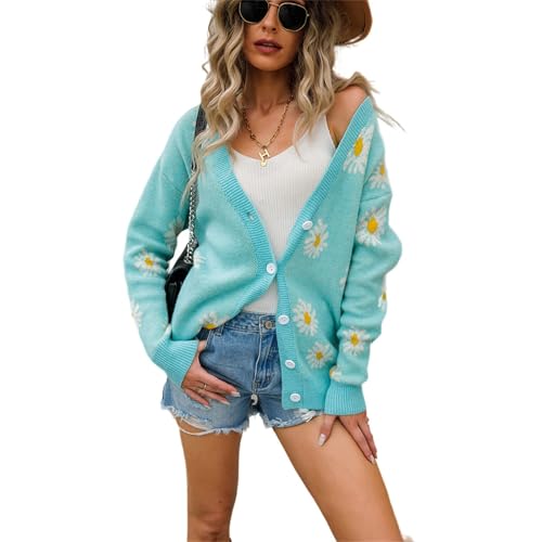 HEYPORK Damen Herbst Winter Warm Bequem Jacke Casual Mode übergangsjacke Mantel Frauen Strickjacke Pullover Strickjacke Bedruckt Gänseblümchen Pullover(Grün, XL) von HEYPORK