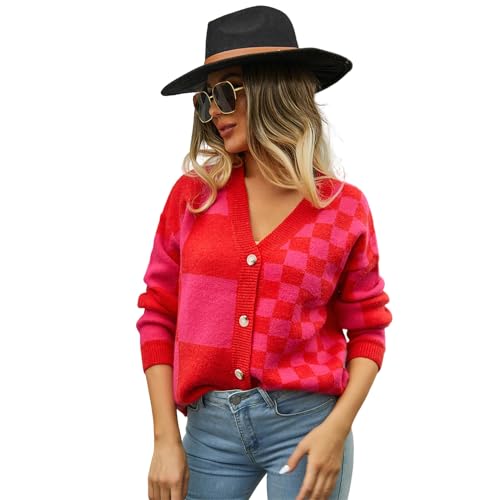 HEYPORK Damen Herbst Winter Warm Bequem Jacke Casual Mode übergangsjacke Mantel Frauen Strickwaren Karierten Patchwork-Pullover Strickjacke(Rot, M) von HEYPORK