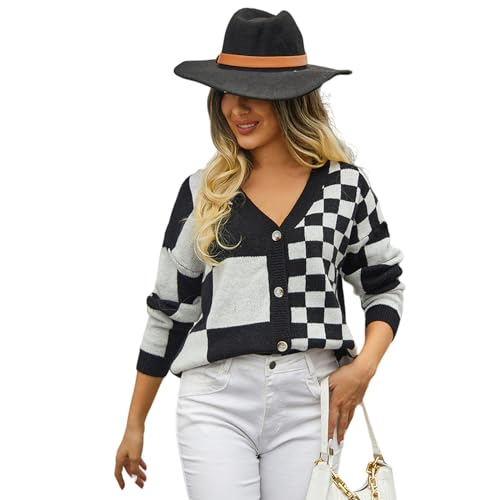 HEYPORK Damen Herbst Winter Warm Bequem Jacke Casual Mode übergangsjacke Mantel Frauen Strickwaren Karierten Patchwork-Pullover Strickjacke(Schwarz, L) von HEYPORK
