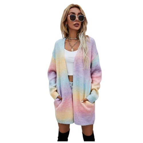 HEYPORK Damen Herbst Winter Warm Bequem Jacke Mode übergangsjacke Mantel Frauen Pullover Regenbogen Mittlere Länge Strickjacke Tasche Gestrickt Jacke(A Rosa, L) von HEYPORK