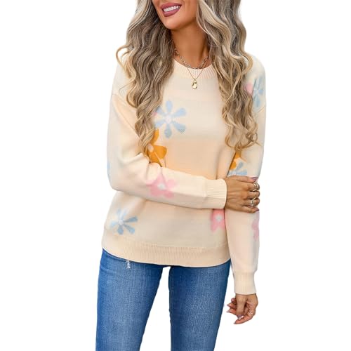 HEYPORK Damen Herbst Winter Warm Bequem Pullover Casual Mode Strickjacke Strickpullover Frauen Bedruckte Blume Pullover Shirt(Aprikose, XL) von HEYPORK