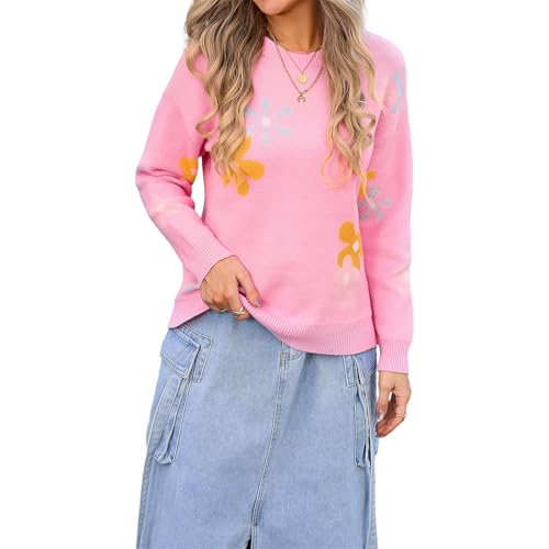 HEYPORK Damen Herbst Winter Warm Bequem Pullover Casual Mode Strickjacke Strickpullover Frauen Bedruckte Blume Pullover Shirt(Rosa, XL) von HEYPORK