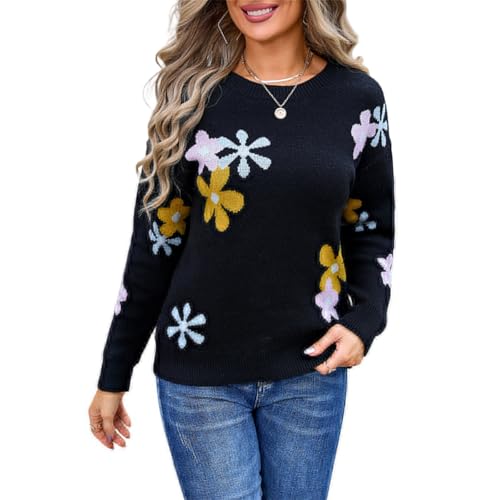 HEYPORK Damen Herbst Winter Warm Bequem Pullover Casual Mode Strickjacke Strickpullover Frauen Bedruckte Blume Pullover Shirt(Schwarz, L) von HEYPORK