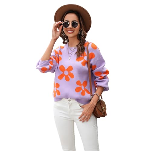 HEYPORK Damen Herbst Winter Warm Bequem Pullover Casual Mode Strickjacke Strickpullover Frauen Bedruckte Pullover Blume Pullover(Lila, M) von HEYPORK