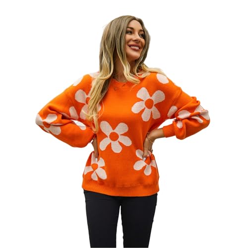 HEYPORK Damen Herbst Winter Warm Bequem Pullover Casual Mode Strickjacke Strickpullover Frauen Bedruckte Pullover Blume Pullover(Orange, XL) von HEYPORK