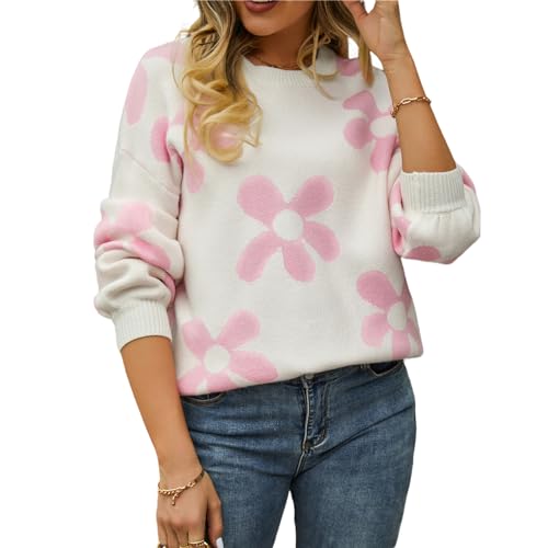 HEYPORK Damen Herbst Winter Warm Bequem Pullover Casual Mode Strickjacke Strickpullover Frauen Bedruckte Pullover Blume Pullover(Weiß, S) von HEYPORK