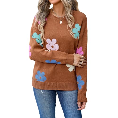 HEYPORK Damen Herbst Winter Warm Bequem Pullover Casual Mode Strickjacke Strickpullover Frauen Blume Colour Blocking Rundhals Peplum Strickpullover(Braun, XL) von HEYPORK