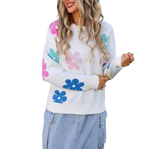 HEYPORK Damen Herbst Winter Warm Bequem Pullover Casual Mode Strickjacke Strickpullover Frauen Blume Colour Blocking Rundhals Peplum Strickpullover(Weiß, M) von HEYPORK