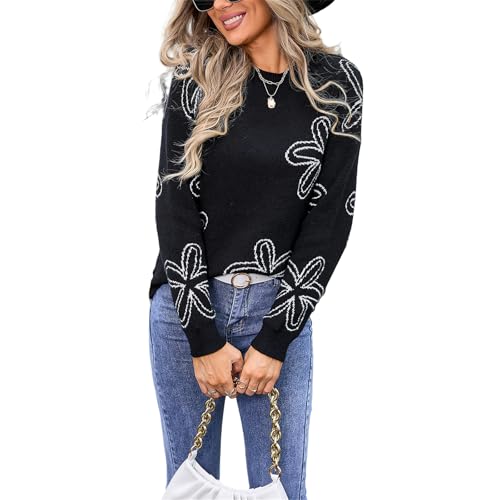 HEYPORK Damen Herbst Winter Warm Bequem Pullover Casual Mode Strickjacke Strickpullover Frauen Blume Langarm Rundhals Pullover Stricken(Schwarz, M) von HEYPORK