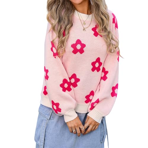 HEYPORK Damen Herbst Winter Warm Bequem Pullover Casual Mode Strickjacke Strickpullover Frauen Blume Langarm Rundhals Strickwaren Bedruckte Pullover(Weiß, M) von HEYPORK