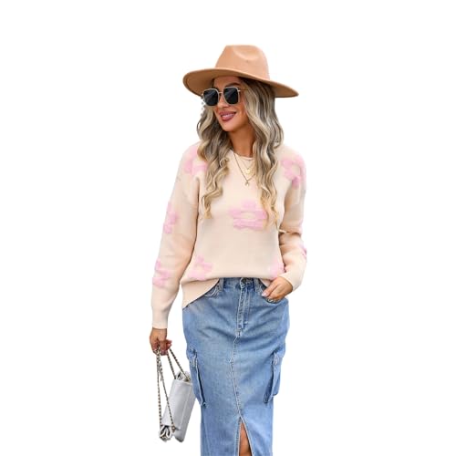 HEYPORK Damen Herbst Winter Warm Bequem Pullover Casual Mode Strickjacke Strickpullover Frauen Blume Personalisierte Pullover(Aprikose, M) von HEYPORK