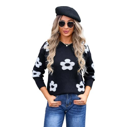 HEYPORK Damen Herbst Winter Warm Bequem Pullover Casual Mode Strickjacke Strickpullover Frauen Blume Personalisierte Pullover(Schwarz, S) von HEYPORK