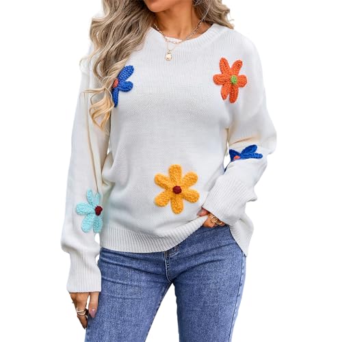 HEYPORK Damen Herbst Winter Warm Bequem Pullover Casual Mode Strickpullover Frauen Blume Lose Rundhals Pullover(Weiß, XL) von HEYPORK