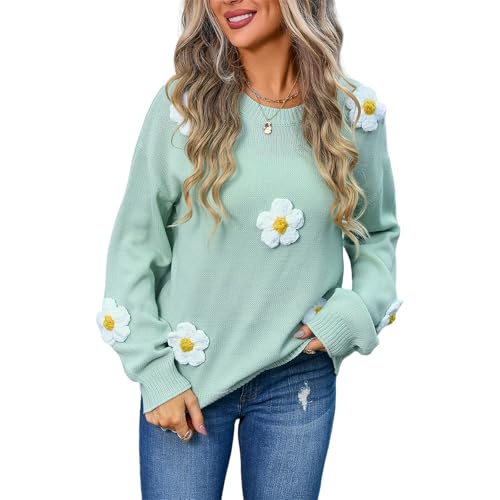 HEYPORK Damen Herbst Winter Warm Bequem Pullover Casual Mode Strickjacke Strickpullover Frauen Blume Pullover Rundhals Langarm Strickwaren(Grün, L) von HEYPORK