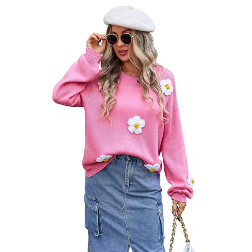 HEYPORK Damen Herbst Winter Warm Bequem Pullover Casual Mode Strickjacke Strickpullover Frauen Blume Pullover Rundhals Langarm Strickwaren(Rosenrot, M) von HEYPORK