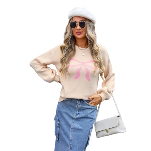 HEYPORK Damen Herbst Winter Warm Bequem Pullover Casual Mode Strickjacke Strickpullover Frauen Bowknot Mode Strickwaren(Aprikose, L) von HEYPORK