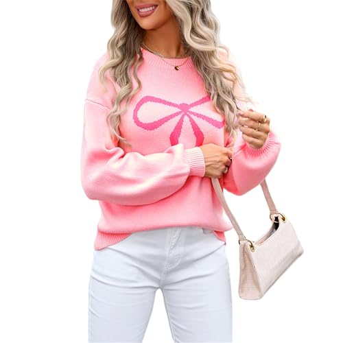 HEYPORK Damen Herbst Winter Warm Bequem Pullover Casual Mode Strickjacke Strickpullover Frauen Bowknot Mode Strickwaren(Rosa, L) von HEYPORK
