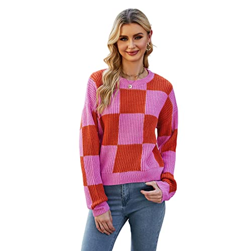 HEYPORK Damen Herbst Winter Warm Bequem Pullover Casual Mode Strickjacke Strickpullover Frauen Checkerboard Pullover Kurzer Strickpullover(Rot, M) von HEYPORK