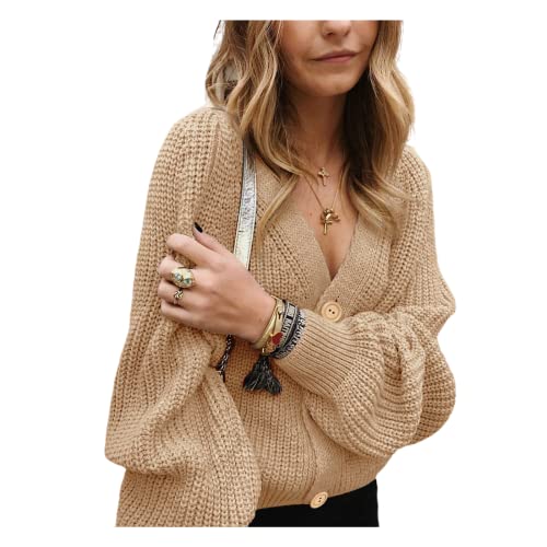 HEYPORK Damen Herbst Winter Warm Bequem Pullover Casual Mode Strickjacke Strickpullover Frauen Einfarbiger Pullover Cardigan Gekürzte Strickwaren(Khaki, L) von HEYPORK