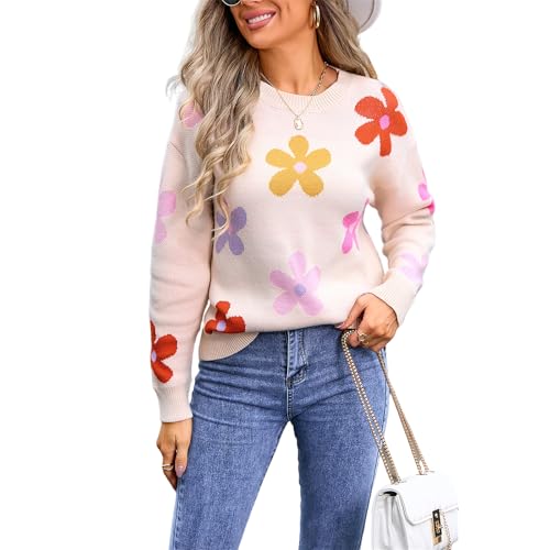 HEYPORK Damen Herbst Winter Warm Bequem Pullover Casual Mode Strickjacke Strickpullover Frauen Floraler Strickpullover(Aprikose, S) von HEYPORK