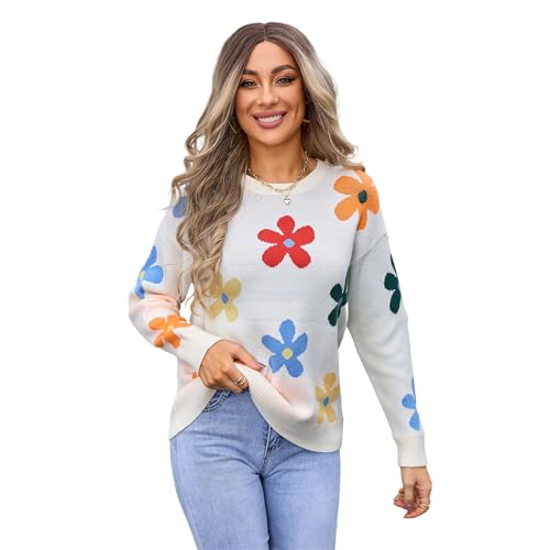 HEYPORK Damen Herbst Winter Warm Bequem Pullover Casual Mode Strickjacke Strickpullover Frauen Floraler Strickpullover(Weiß, L) von HEYPORK