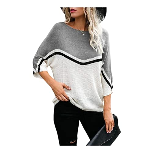 HEYPORK Damen Herbst Winter Warm Bequem Pullover Casual Mode Strickjacke Strickpullover Frauen Frühling Sommer Gestrickt Batwing Pullover Lose Patchwork Pullover Unten Shirt(Grau, L) von HEYPORK