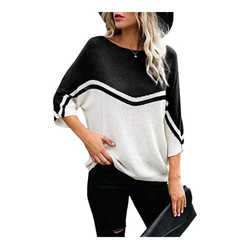 HEYPORK Damen Herbst Winter Warm Bequem Pullover Casual Mode Strickjacke Strickpullover Frauen Frühling Sommer Gestrickt Batwing Pullover Lose Patchwork Pullover Unten Shirt(Schwarz, M) von HEYPORK