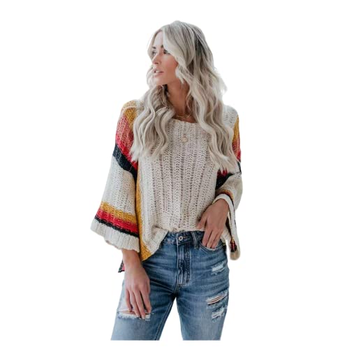 HEYPORK Damen Herbst Winter Warm Bequem Pullover Casual Mode Strickjacke Strickpullover Frauen Frühling Sommer Hollow Beach Shirt Patchwork Gestrickt Regenbogen Pullover(Aprikose, M) von HEYPORK