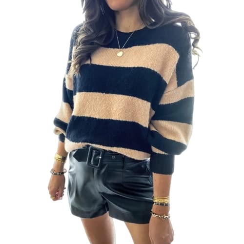 HEYPORK Damen Herbst Winter Warm Bequem Pullover Casual Mode Strickjacke Strickpullover Frauen Gestreifte Mode Persönlichkeit Pullover Dünn Stricken Pullover Bottoming Shirt(H*2 Schwarz, S) von HEYPORK