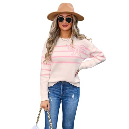 HEYPORK Damen Herbst Winter Warm Bequem Pullover Casual Mode Strickjacke Strickpullover Frauen Gestreifte Schleife Rundhals Blume Stricken Mode Pullover(Rosa, XL) von HEYPORK