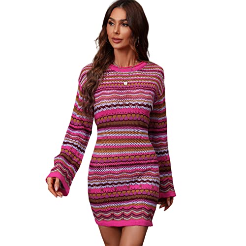 HEYPORK Damen Herbst Winter Warm Bequem Pullover Casual Mode Strickjacke Strickpullover Frauen Herbst/Winter Langes Strickkleid Crochet Rainbow Strickkleid(Rot, XL) von HEYPORK