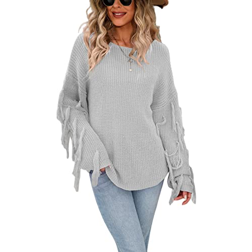 HEYPORK Damen Herbst Winter Warm Bequem Pullover Casual Mode Strickjacke Strickpullover Frauen Herbst/Winter Lose Pullover Gestrickter Fransenpullover(Grau, XL) von HEYPORK