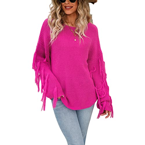 HEYPORK Damen Herbst Winter Warm Bequem Pullover Casual Mode Strickjacke Strickpullover Frauen Herbst/Winter Lose Pullover Gestrickter Fransenpullover(Rosa, L) von HEYPORK