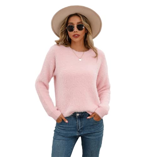 HEYPORK Damen Herbst Winter Warm Bequem Pullover Casual Mode Strickjacke Strickpullover Frauen Herbst/Winter Plüsch Pullover Einfarbig Langarm Rundhals Strickpullover(Rosa, M) von HEYPORK