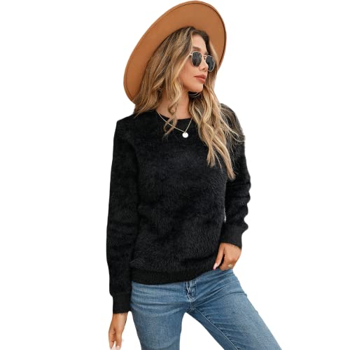 HEYPORK Damen Herbst Winter Warm Bequem Pullover Casual Mode Strickjacke Strickpullover Frauen Herbst/Winter Plüsch Pullover Einfarbig Langarm Rundhals Strickpullover(Schwarz, XL) von HEYPORK