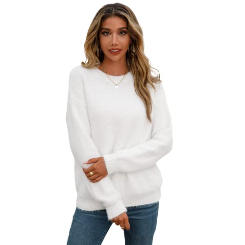 HEYPORK Damen Herbst Winter Warm Bequem Pullover Casual Mode Strickjacke Strickpullover Frauen Herbst/Winter Plüsch Pullover Einfarbig Langarm Rundhals Strickpullover(Weiß, XL) von HEYPORK