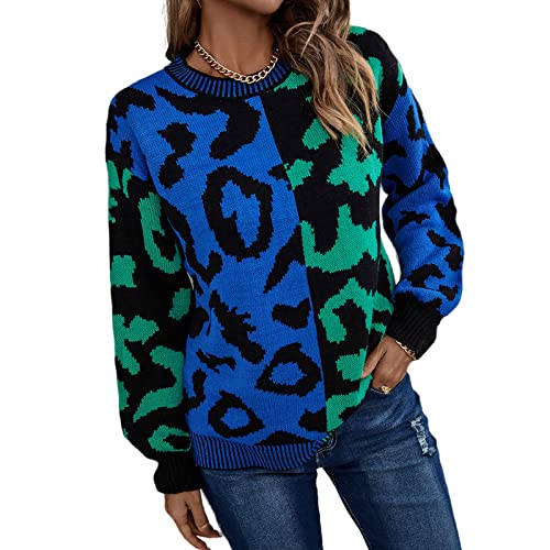 HEYPORK Damen Herbst Winter Warm Bequem Pullover Casual Mode Strickjacke Strickpullover Frauen Herbst/Winter Pullover Leopardenmuster Patchwork Gemischter Strickpullover Pullover(Grün, M) von HEYPORK