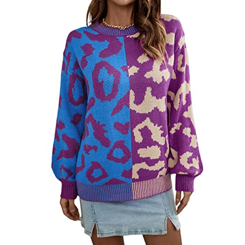 HEYPORK Damen Herbst Winter Warm Bequem Pullover Casual Mode Strickjacke Strickpullover Frauen Herbst/Winter Pullover Leopardenmuster Patchwork Gemischter Strickpullover Pullover(Lila, M) von HEYPORK