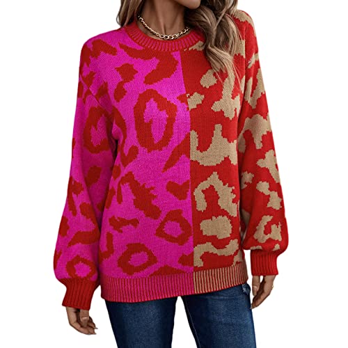 HEYPORK Damen Herbst Winter Warm Bequem Pullover Casual Mode Strickjacke Strickpullover Frauen Herbst/Winter Pullover Leopardenmuster Patchwork Gemischter Strickpullover Pullover(Rot, XL) von HEYPORK