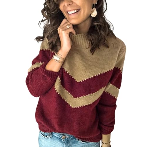 HEYPORK Damen Herbst Winter Warm Bequem Pullover Casual Mode Strickjacke Strickpullover Frauen Herbst/Winter Pullover Patchwork Strickpullover Pullover(I Rot, M) von HEYPORK